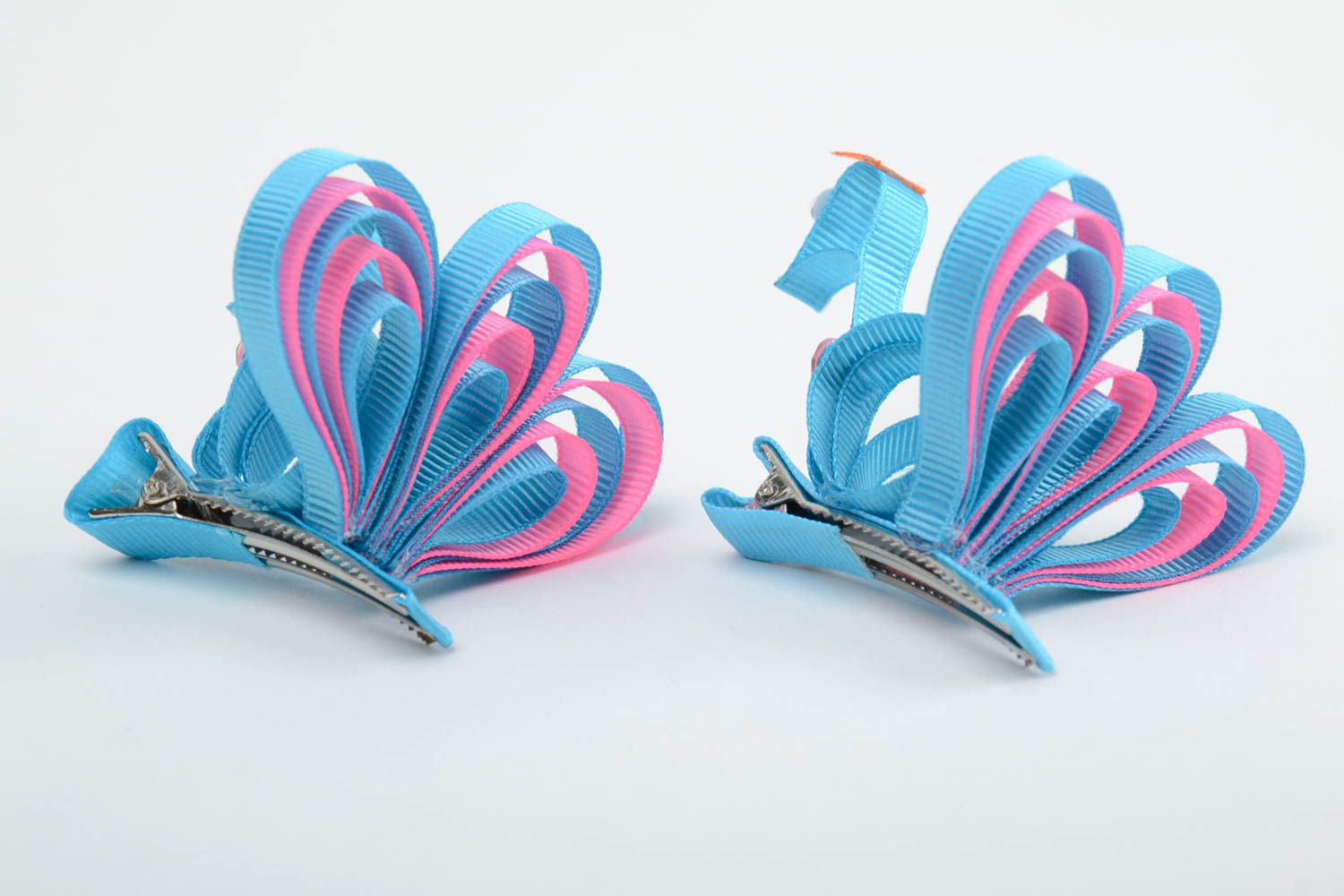 Set of handmade decorative hair clips with volume rep ribbon peacocks 2 items photo 4