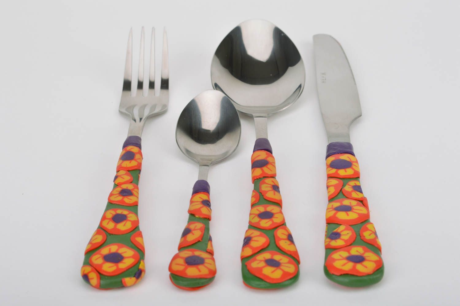 Set of designer flatware with polymer clay handles 2 spoons knife and fork photo 2