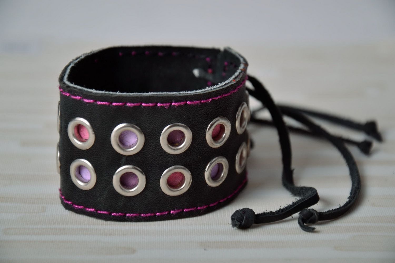 Wide black leather bracelet with rivets photo 1