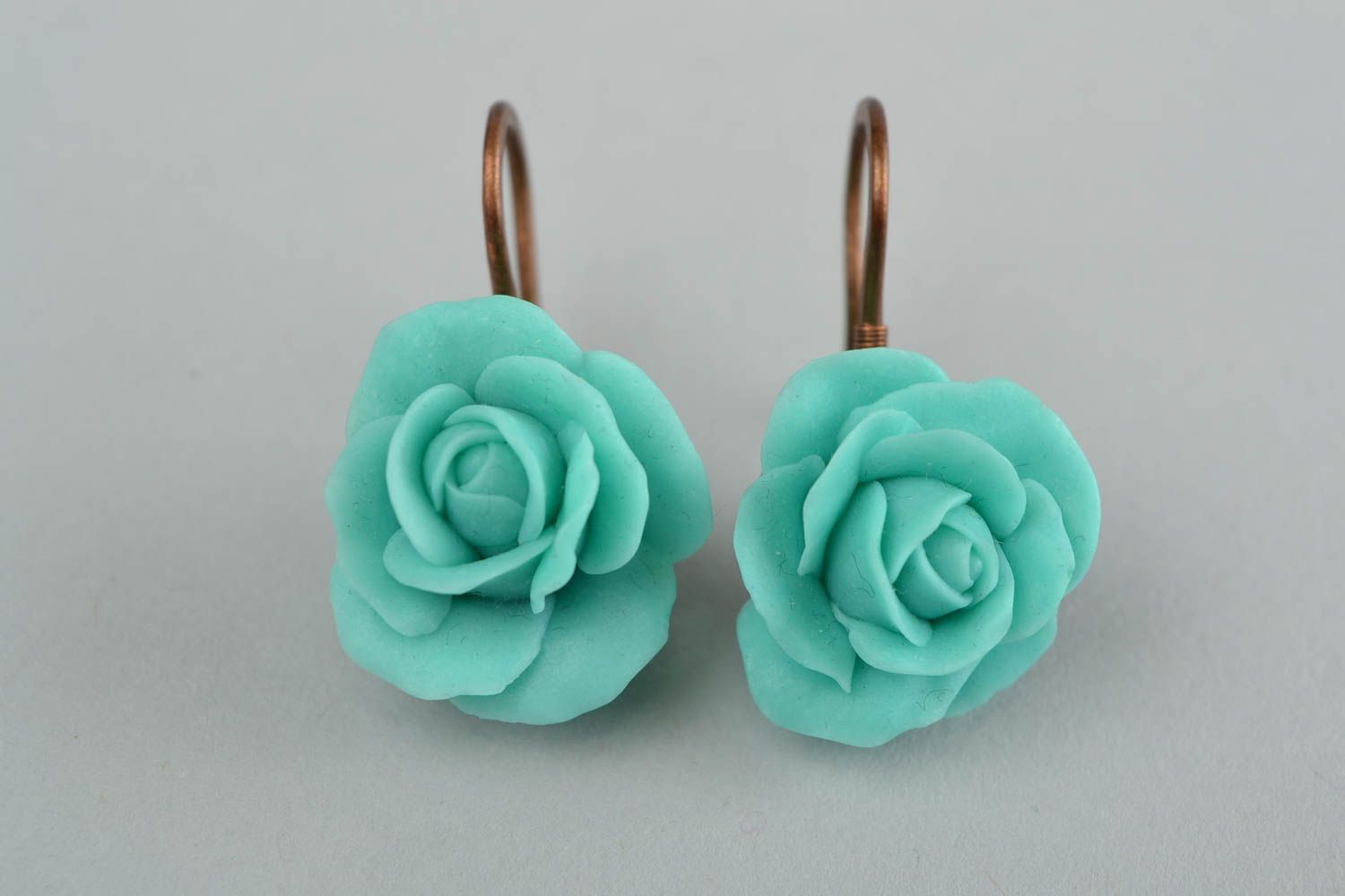 Unusual handmade designer polymer clay flower earrings for girls Blue Roses photo 3
