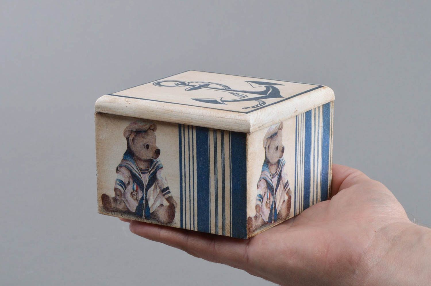 Handmade decorative decoupage small square wooden jewelry box in marine style photo 4