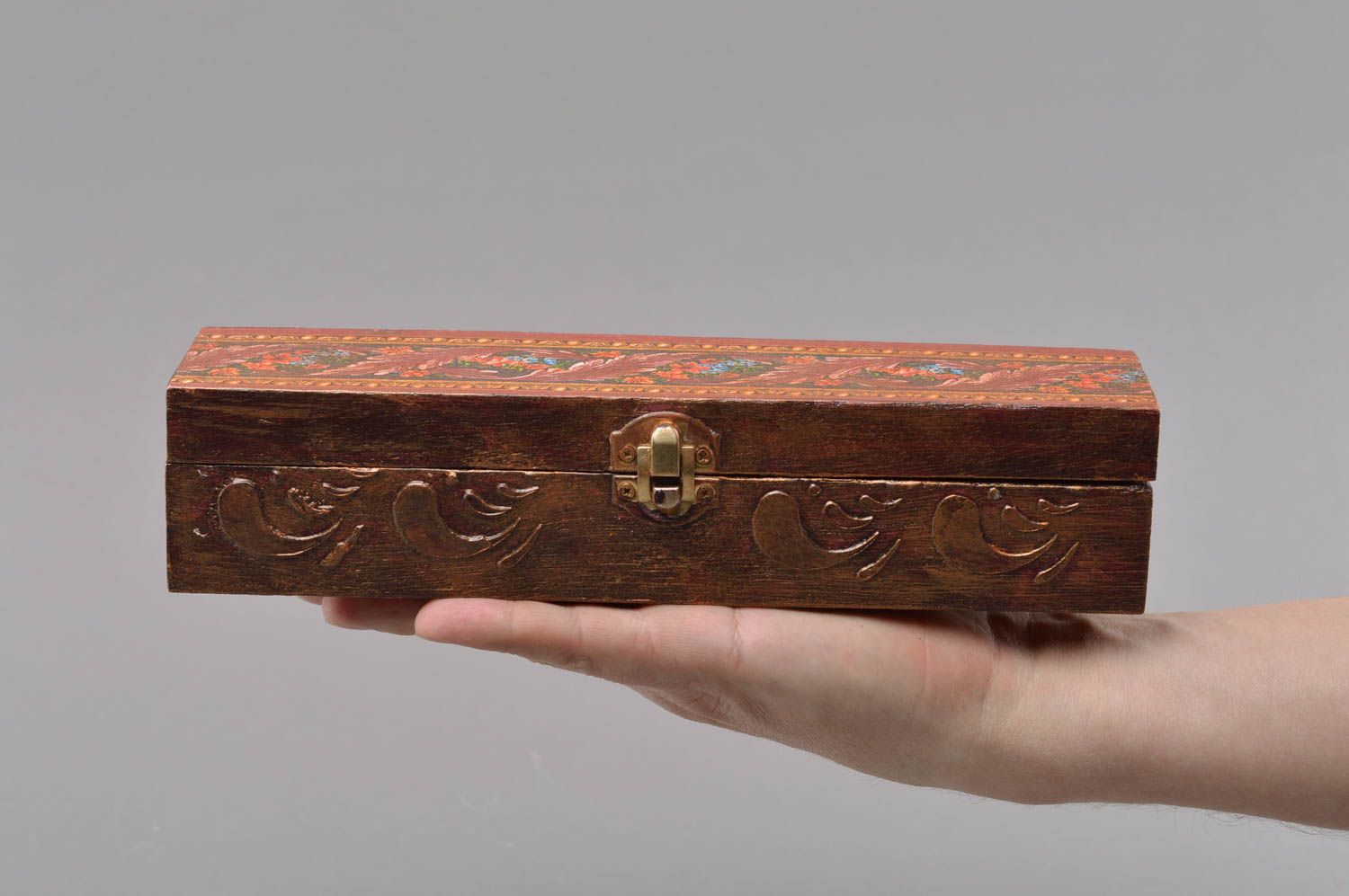 Handmade long rectangular decoupage wooden jewelry box with lining dark brown photo 4
