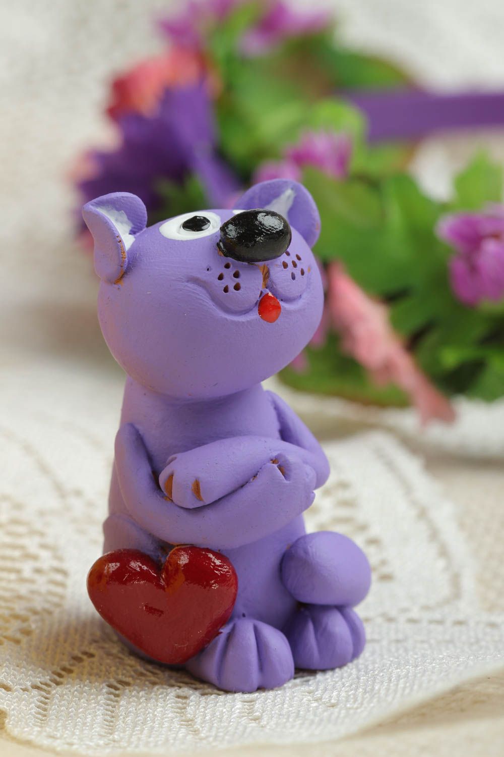 Statuette décorative Figurine fait main petit chat violet en argile Déco maison photo 1