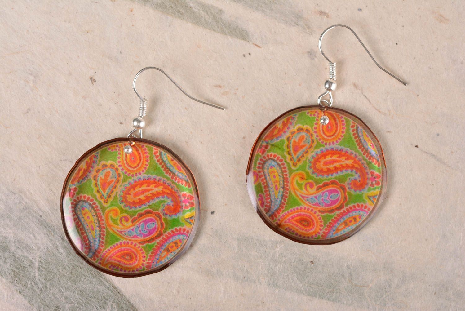 Handmade bright earrings of epoxy resin with print in decoupage technique photo 1