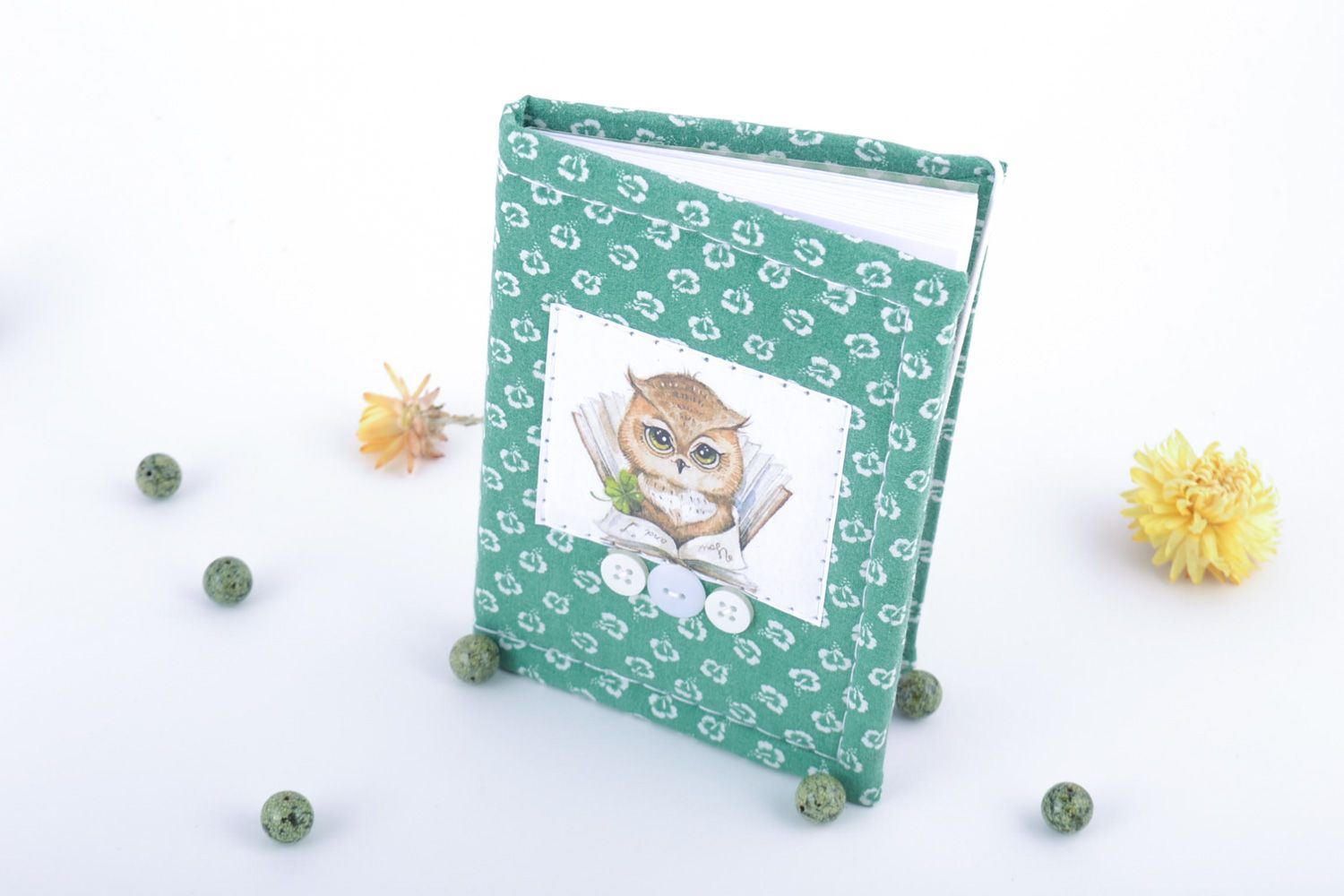 Beautiful handmade notebook with fabric cover with the image of owl photo 1