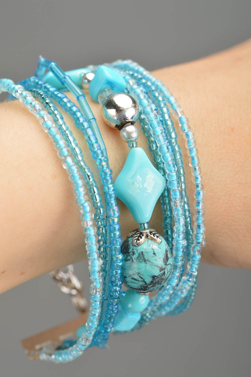 Stylish designer handmade blue multi-row wrist bracelet woven of beads photo 2