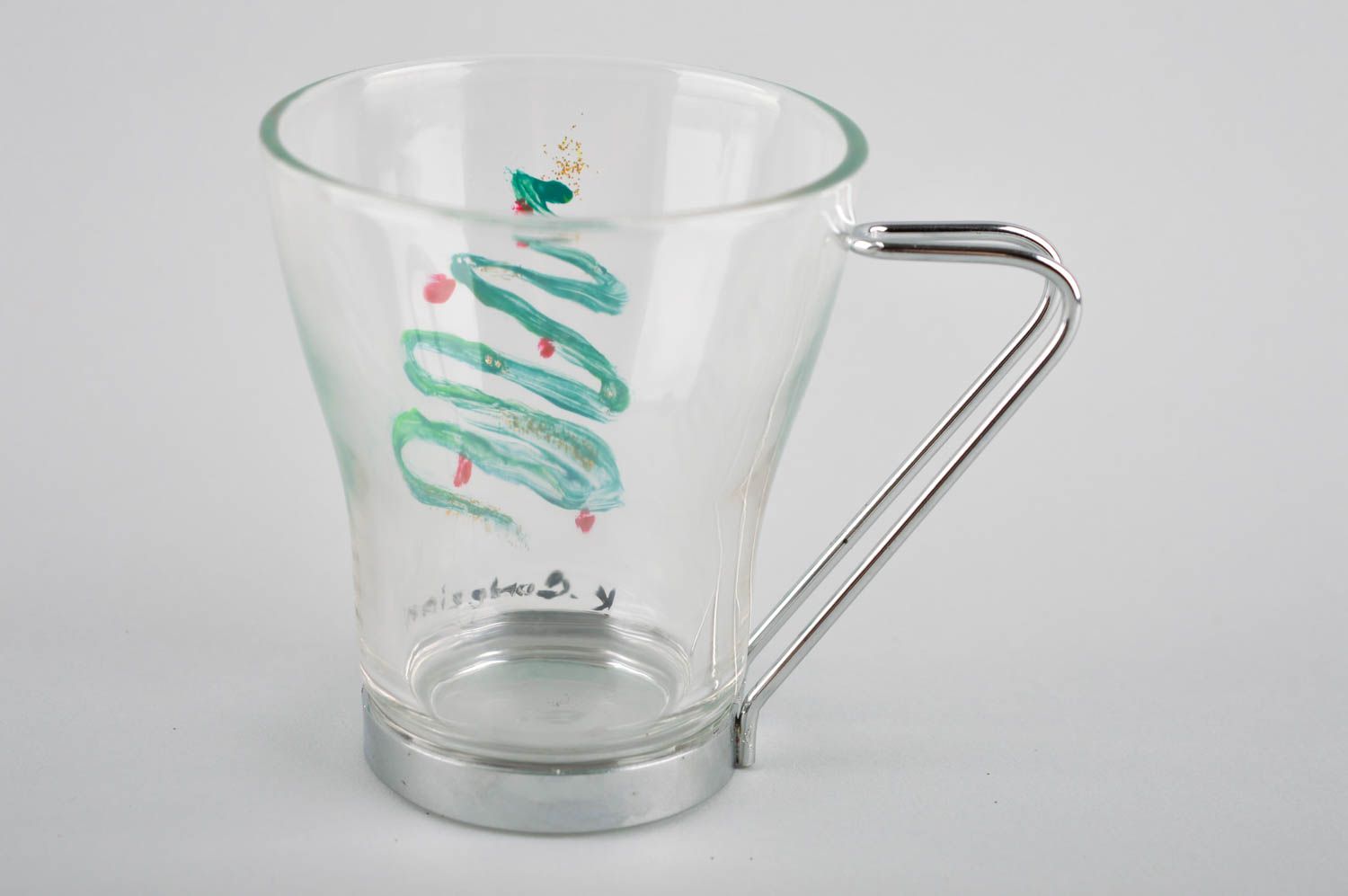 Clear glass coffee or tea cup with handle and Christmas tree painting photo 2