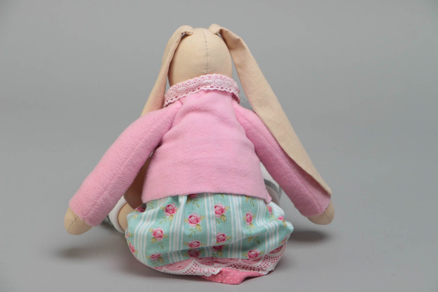 Handmade designer cotton fabric soft toy rabbit girl in dress and pink jacket photo 4