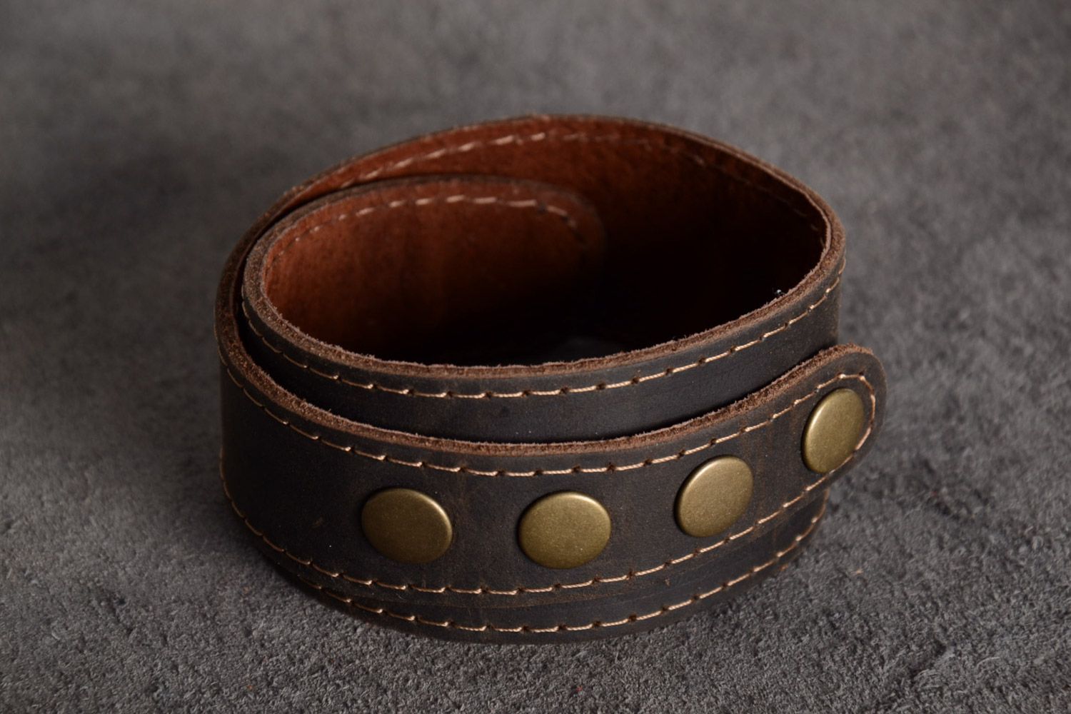 Handmade brown leather wrist bracelet with metal rivets unisex photo 1