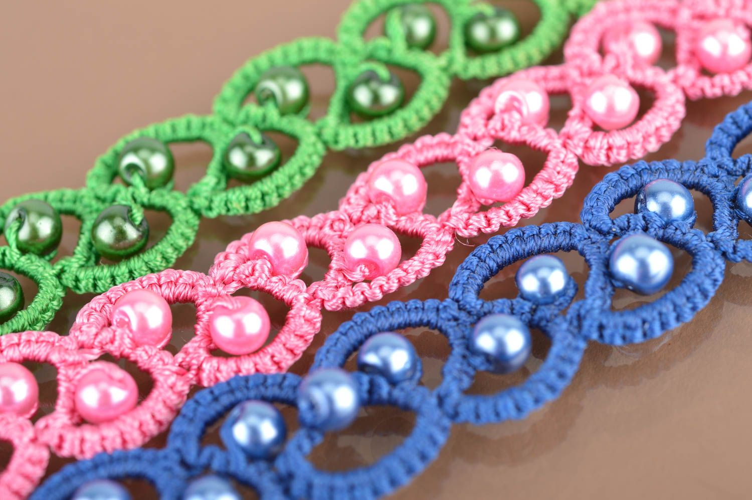 Set of 3 handmade designer tatted lace bracelets with beads green pink blue photo 4