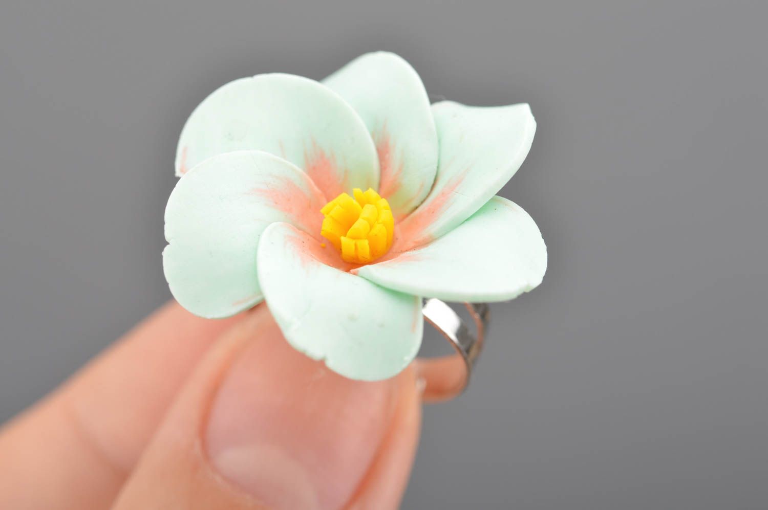 Handmade designer women's seal ring with tender blue polymer clay volume flower photo 2
