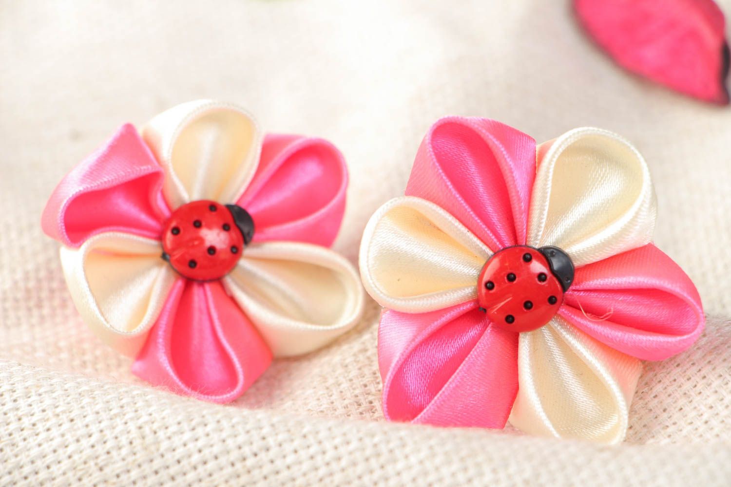 Handmade decorative hair ties with pink kanzashi flowers for kids set of 2 items photo 1