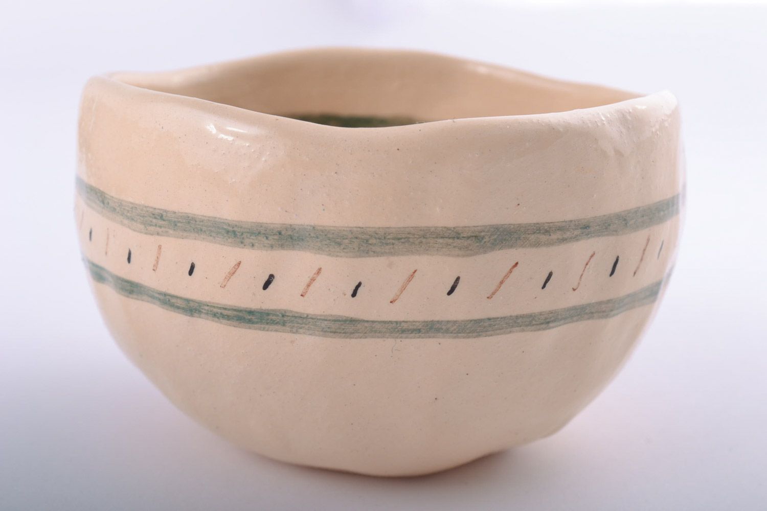 Small deep handmade white clay bowl painted with engobes 0.15 l photo 2