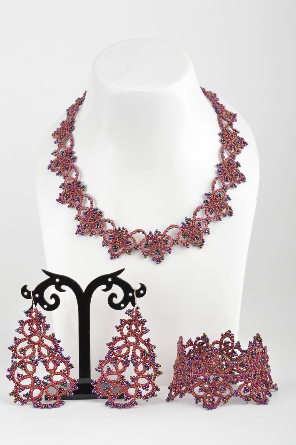Handmade purple lace tatted jewelry set 3 items earrings bracelet and necklace photo 3