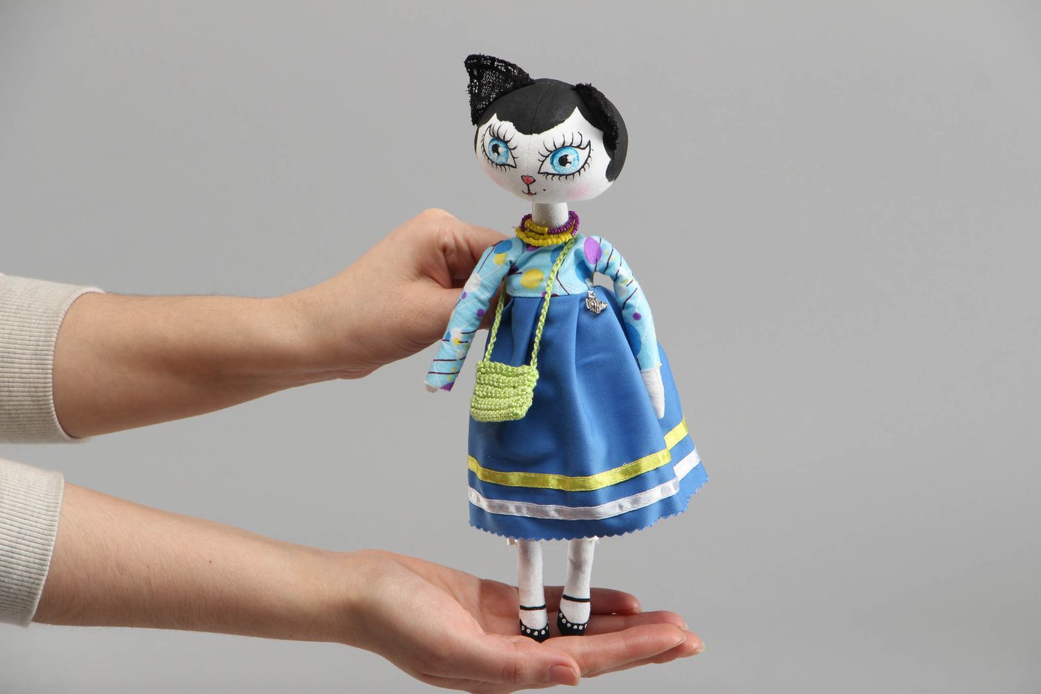 Handmade collectible fabric doll Kitty in Blue photo 4