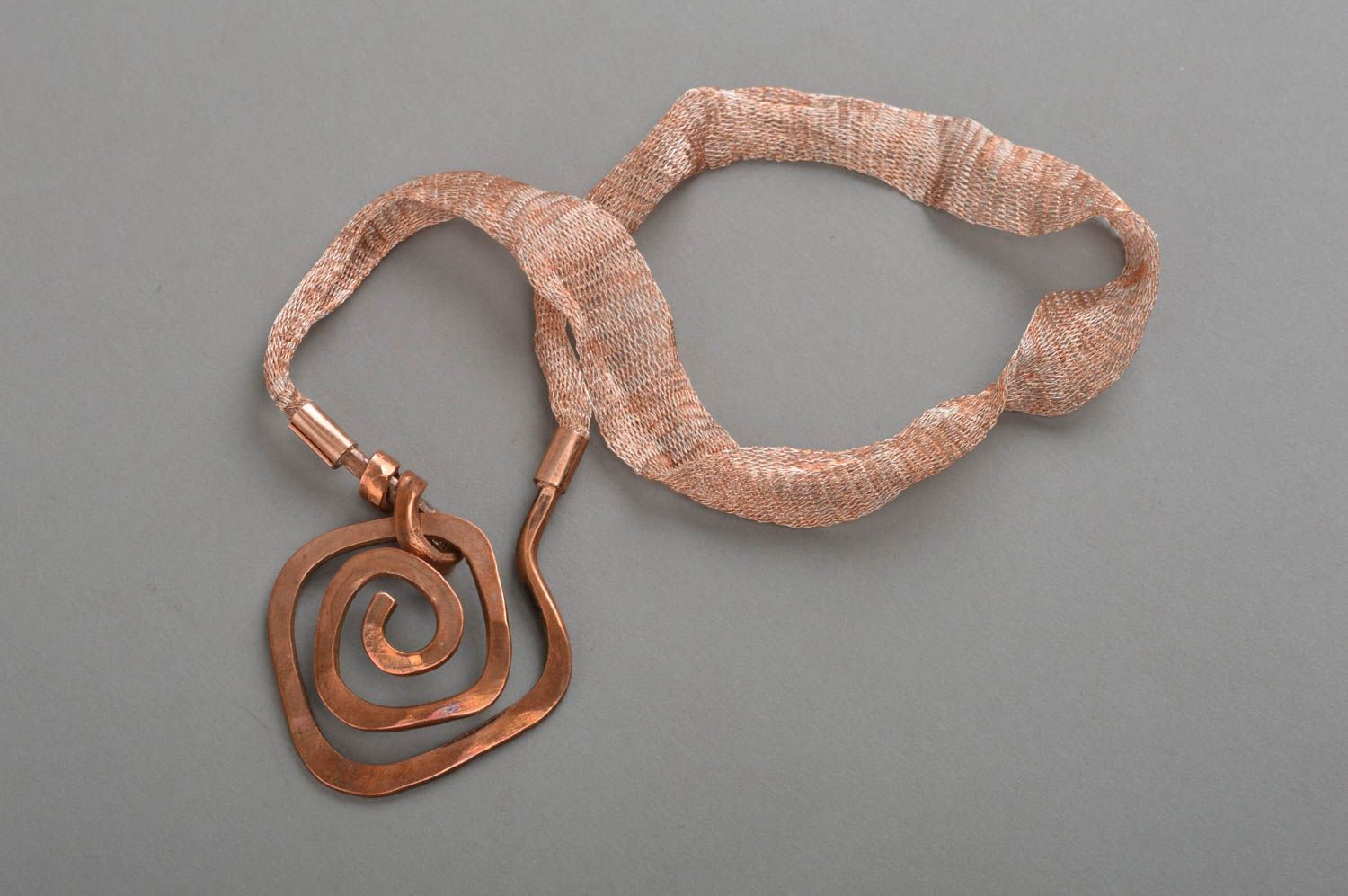Handmade unusual accessory designer forged pendant on lace made of copper photo 2