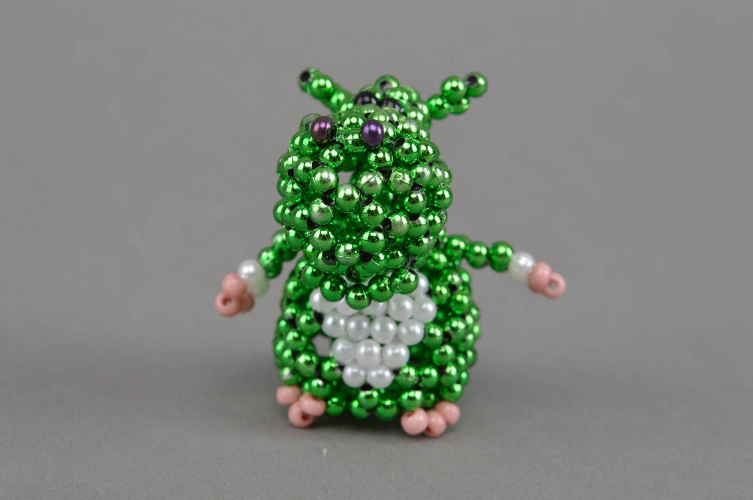Handmade miniature beaded animal figurine of green hippo for home decoration photo 3