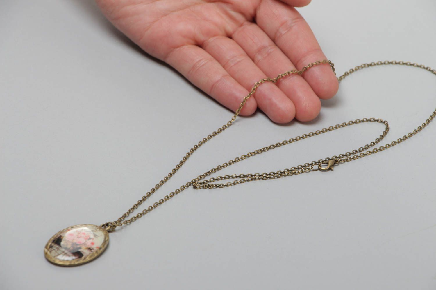 Handmade stylish pendant on a long chain made of metal and glassy glaze  photo 5