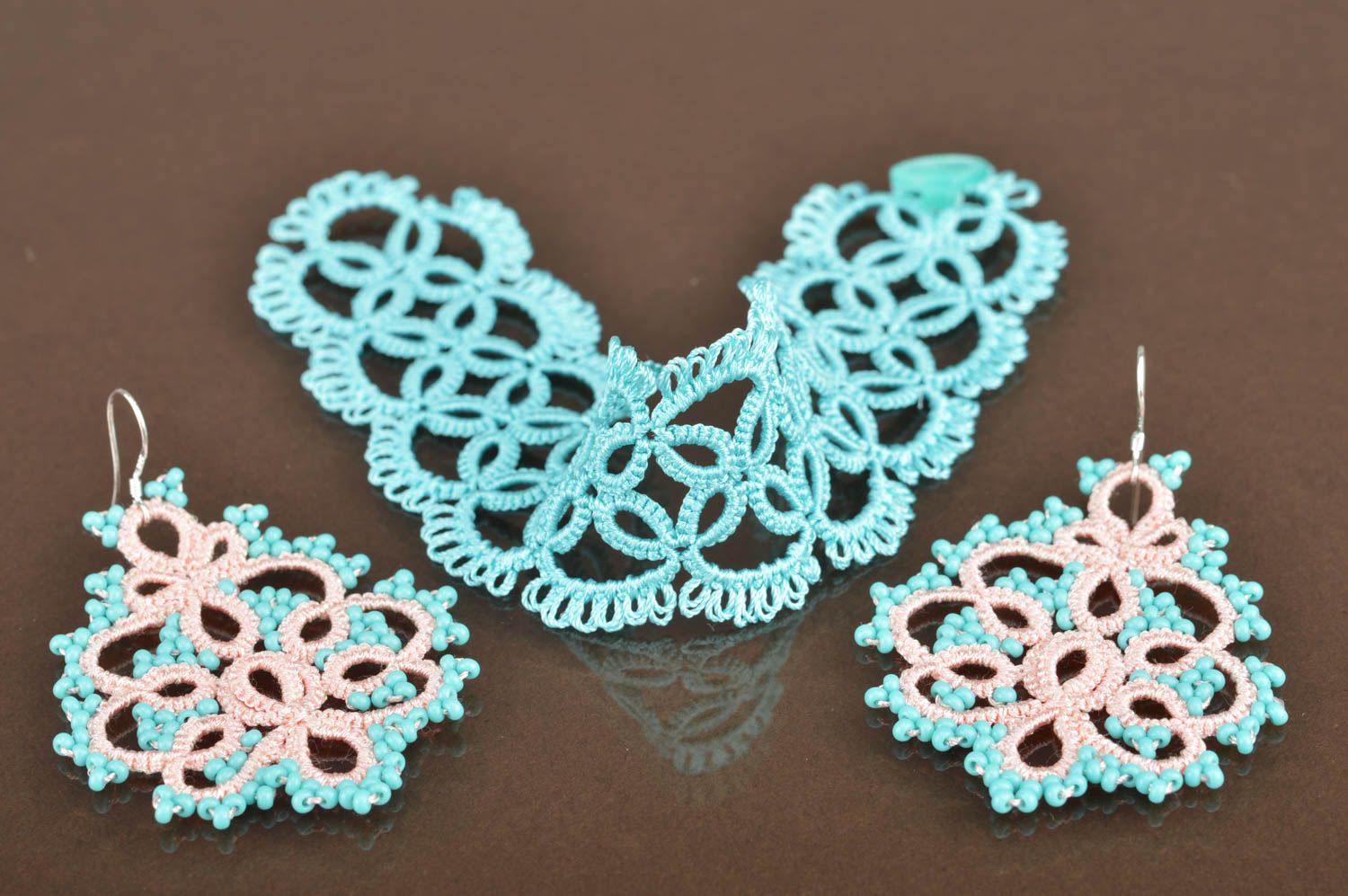 Beautiful homemade designer jewelry set tatting lace earrings and bracelet photo 5