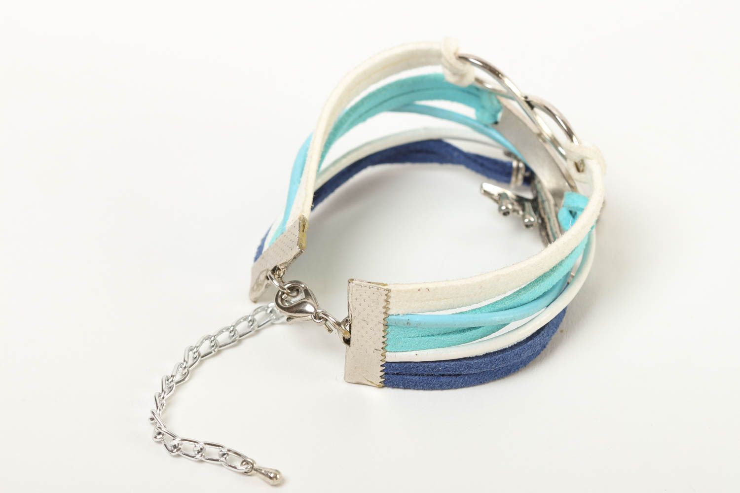 Bracelet large Bijou fait main cuir daim bleu-blanc multirang Cadeau pour femme photo 4