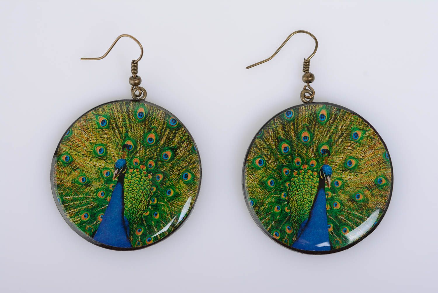 Beautiful handmade decoupage polymer clay round earrings with peacocks photo 5