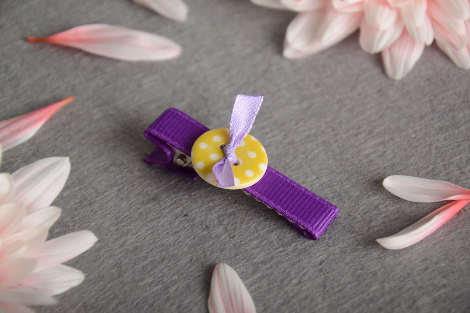Handmade children's hair clip with button yellow with purple stylish barrette photo 1