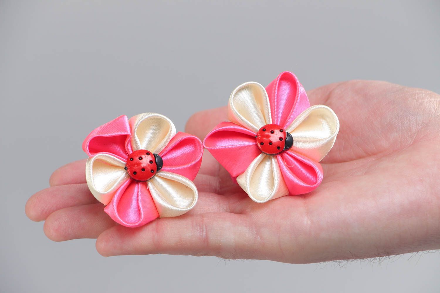 Handmade decorative hair ties with pink kanzashi flowers for kids set of 2 items photo 5