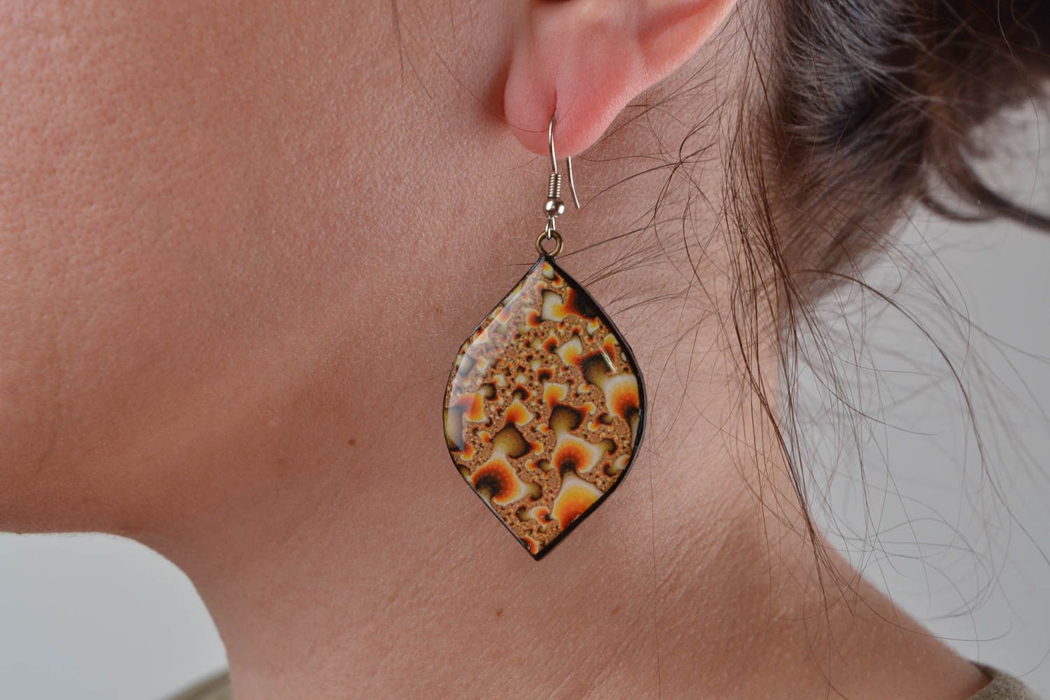 Beautiful handmade designer polymer clay earrings with decoupage Brown Leaves photo 2