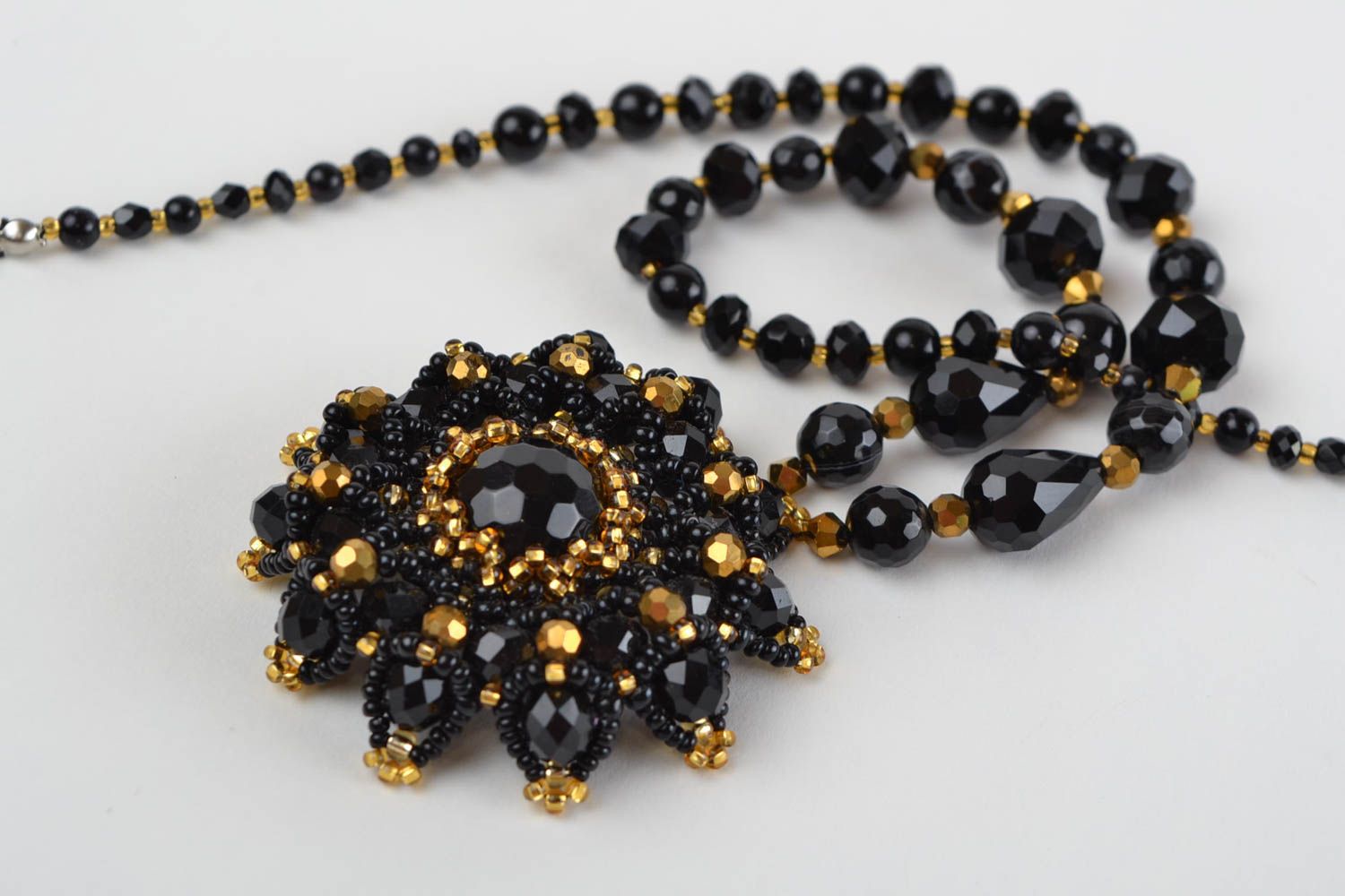 Black handmade unusual elegant necklace made of seed beads and natural stone photo 3