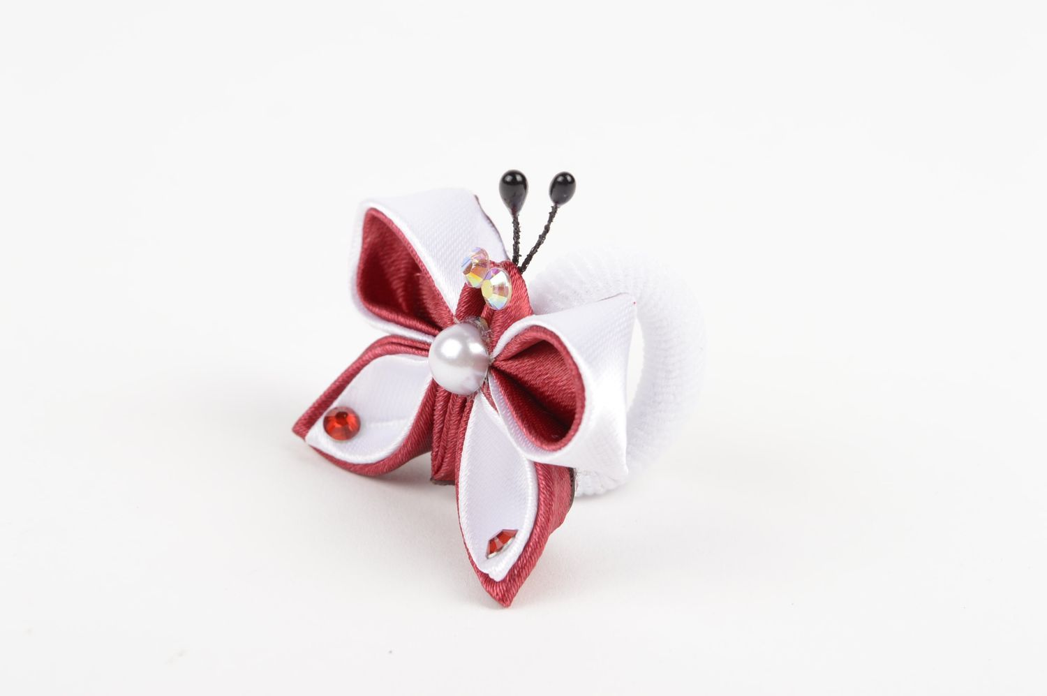 Handmade Haargummi rot weiß Haarschmuck Schmetterling Mode Accessoire für Kinder foto 4