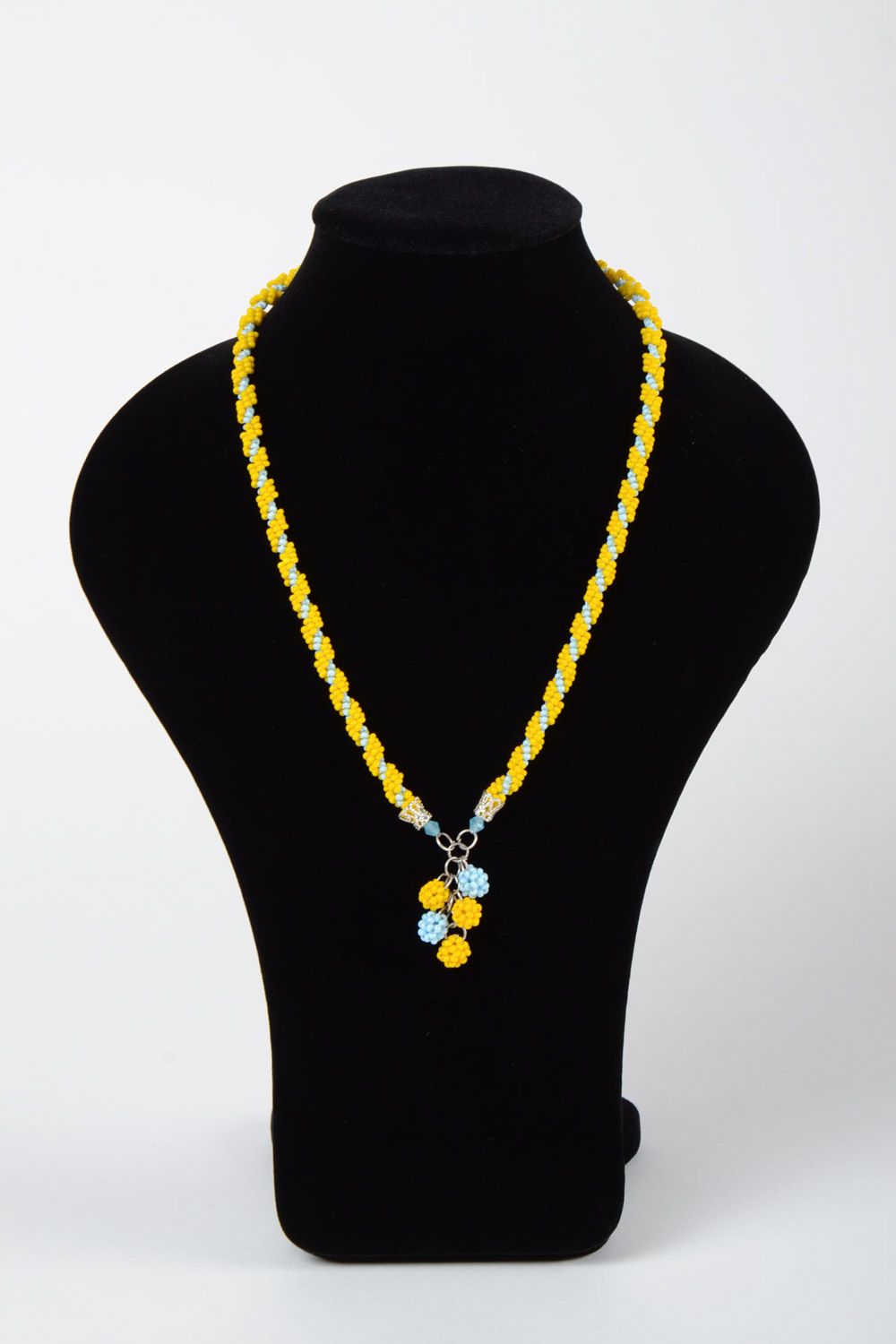 Unusual beautiful stylish handmade long beaded necklace of bright yellow color photo 1