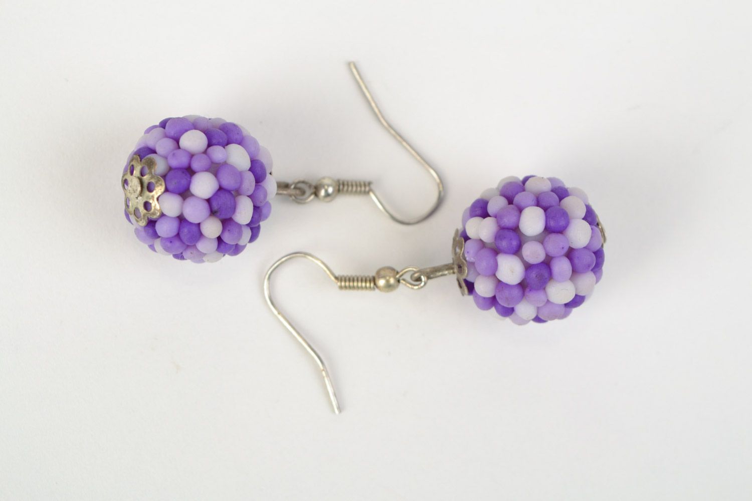 Handmade polymer clay dangling earrings with small balls of lilac color photo 5