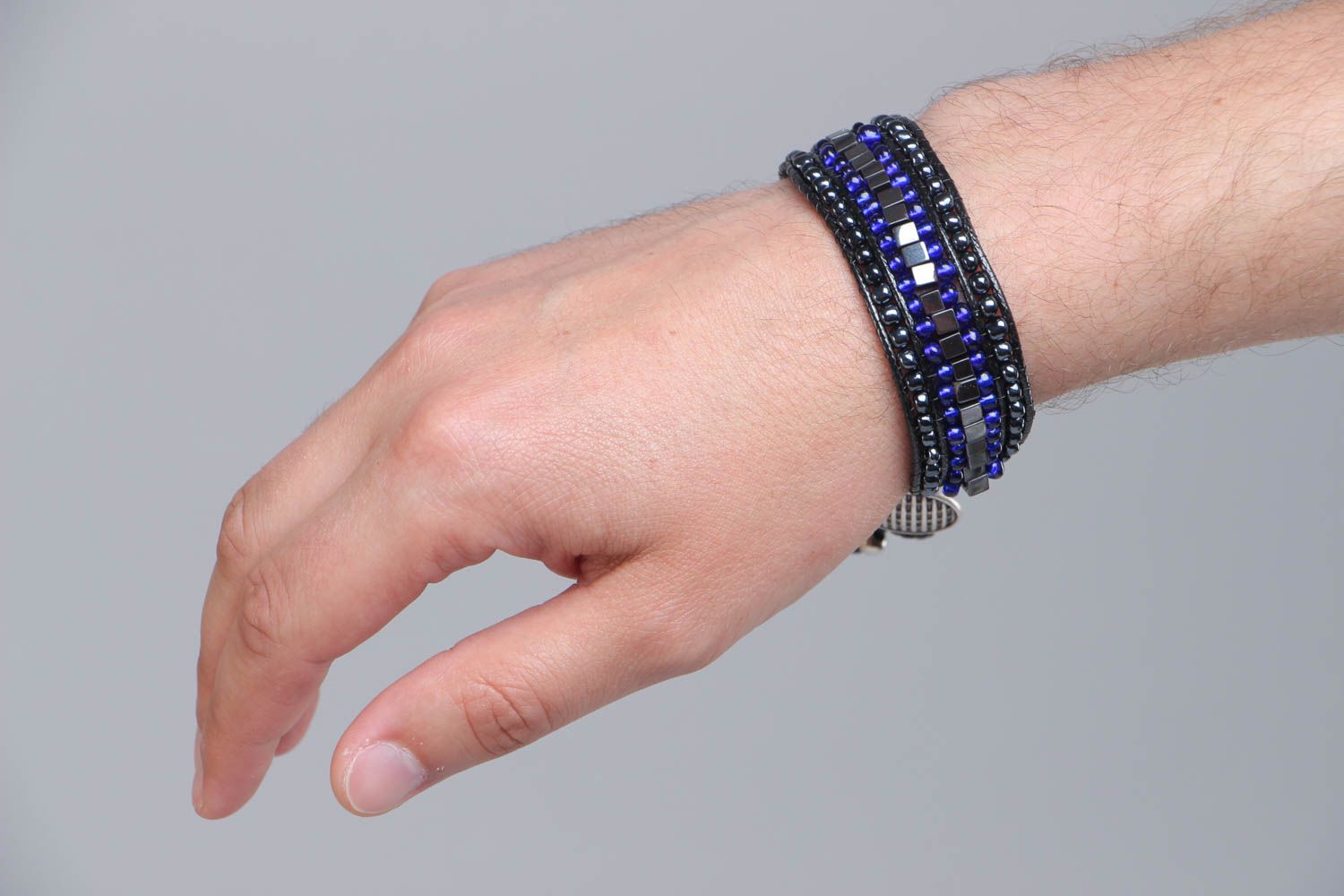 Unusual festive black and blue handmade gemstone beaded wrist bracelet photo 5