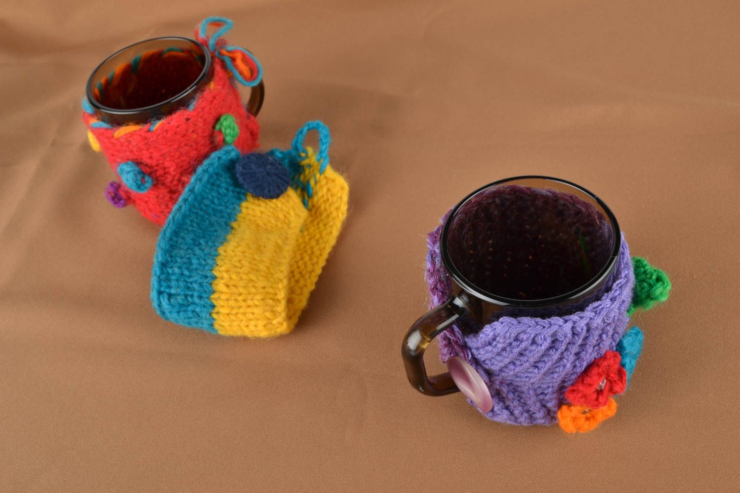 Glass cup with crochet cozy Violet photo 1