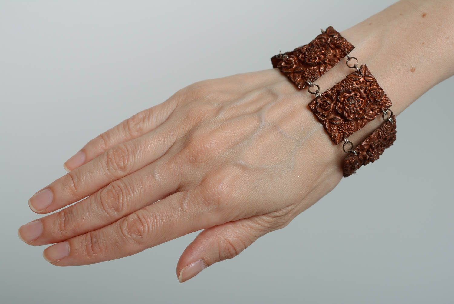 Handmade stylish wide polymer clay bracelet with flat beads photo 1
