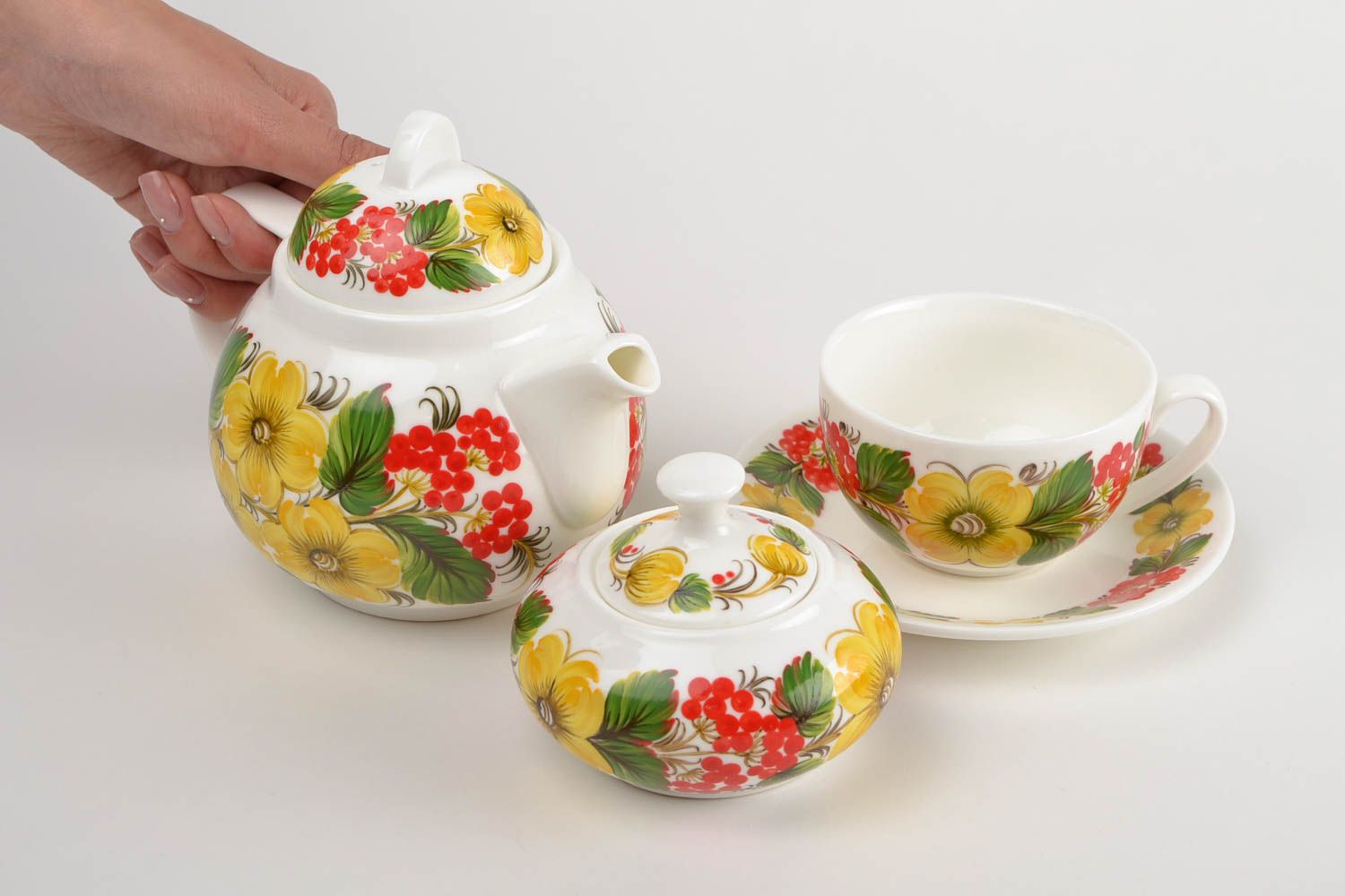 Фарфоровый набор посуды с Петриковской росписью чайник чашка с блюдцем сахарница фото 2