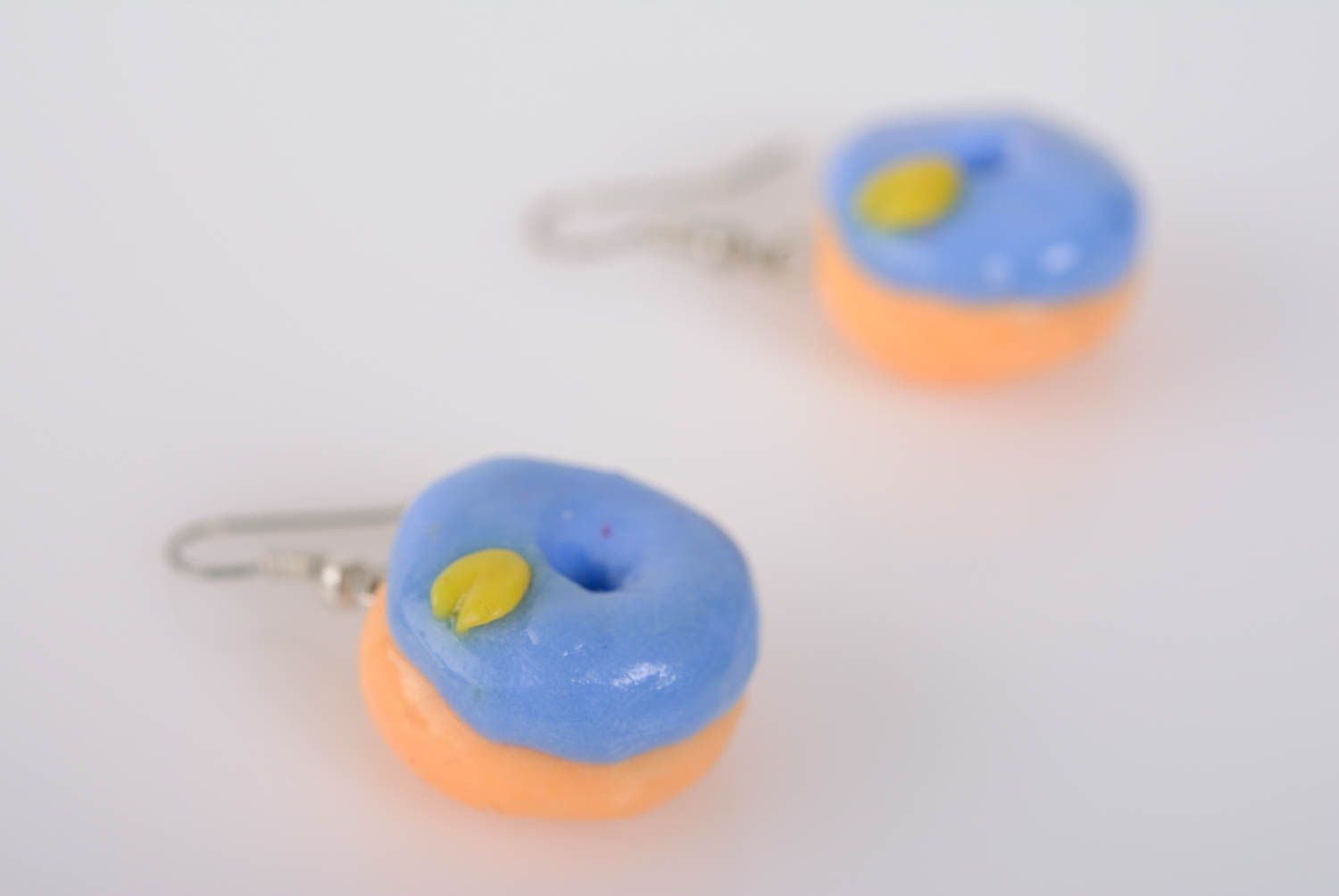Lovely earrings with charms made of polymer clay blue donuts handmade plastic jewelry photo 2