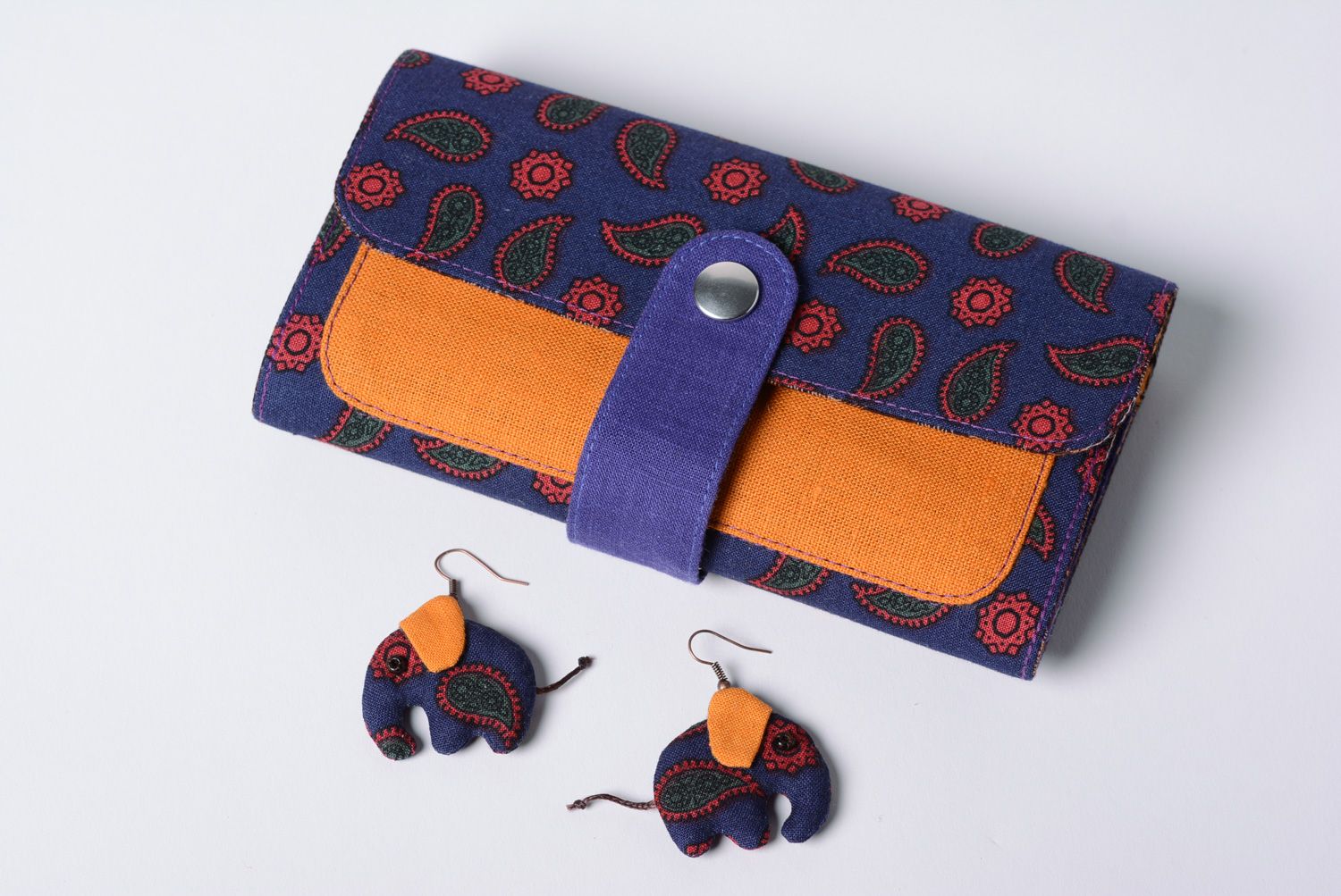 Set of bright fabric women's accessories handmade purse and earrings Elephants photo 1