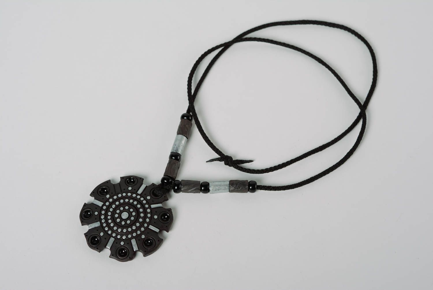 Handmade black ceramic neck pendant painted with color enamel and equipped with cord photo 1