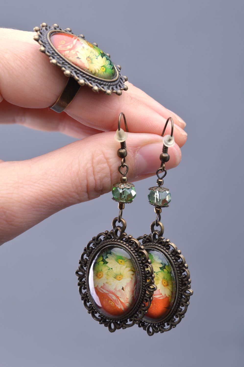 Set of handmade vintage jewelry on metal basis brooch ring and earrings  photo 3