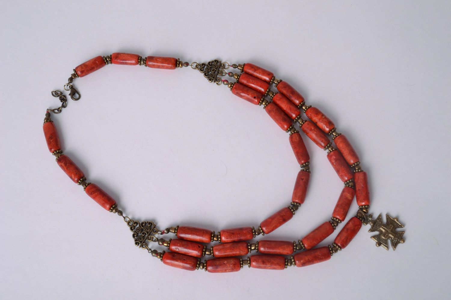 Long handmade gemstone bead necklace of red color with coral and brass photo 5