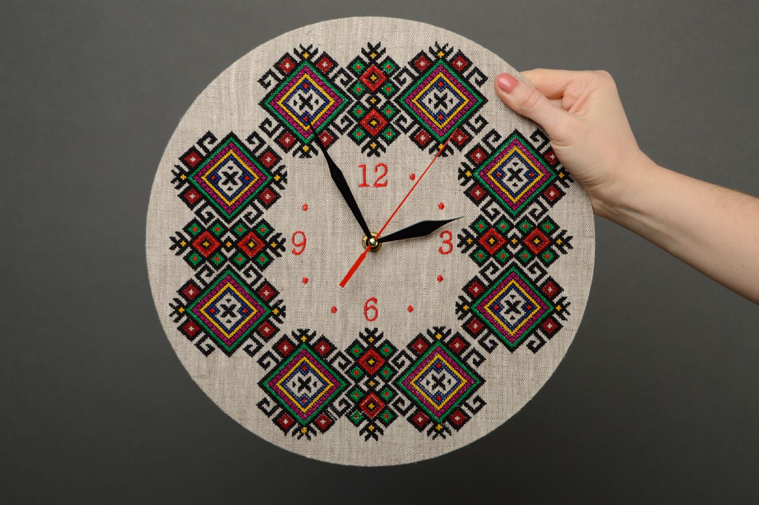 Handmade round wall clock with embroidery photo 4