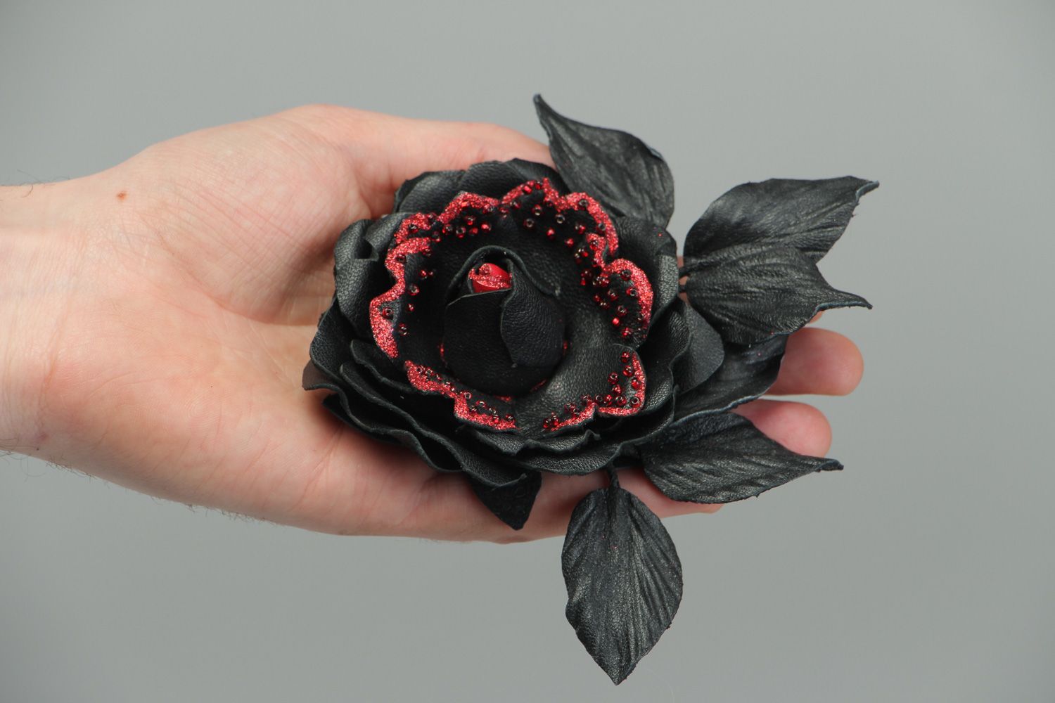 Handmade volume leather brooch in the shape of flower with leaves red and black photo 4