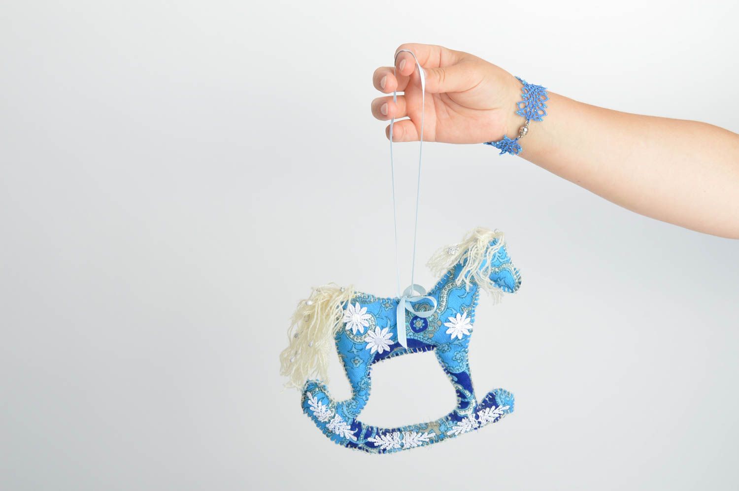 Handmade decorative wall hanging interior fabric soft toy blue rocking horse photo 5