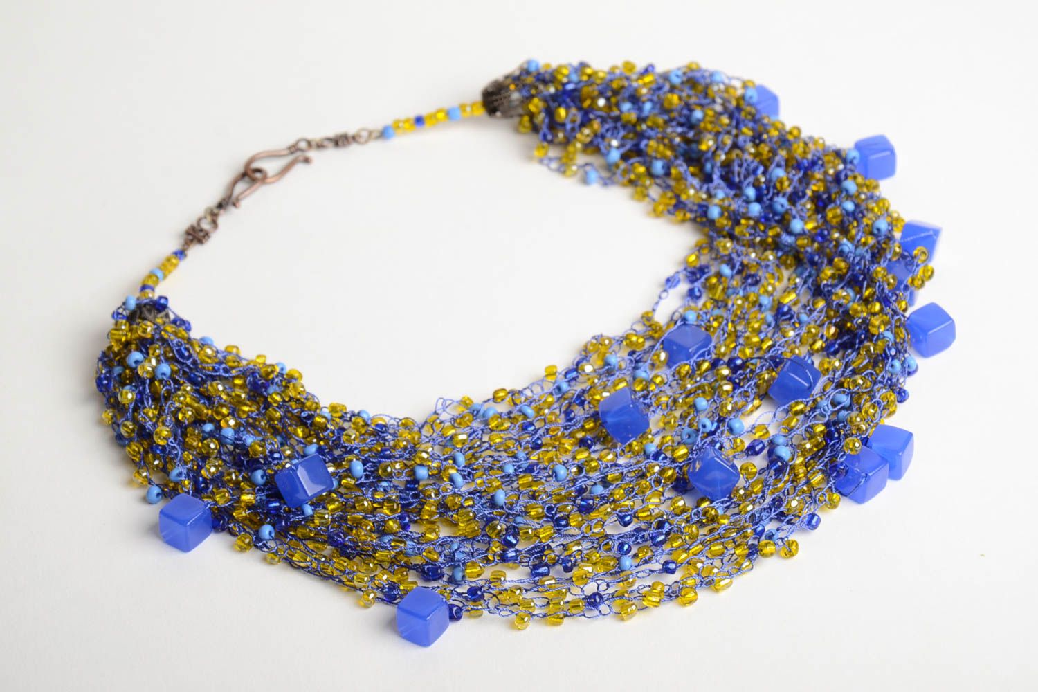 Handmade designer long airy crocheted beaded necklace with blue plastic beads photo 3