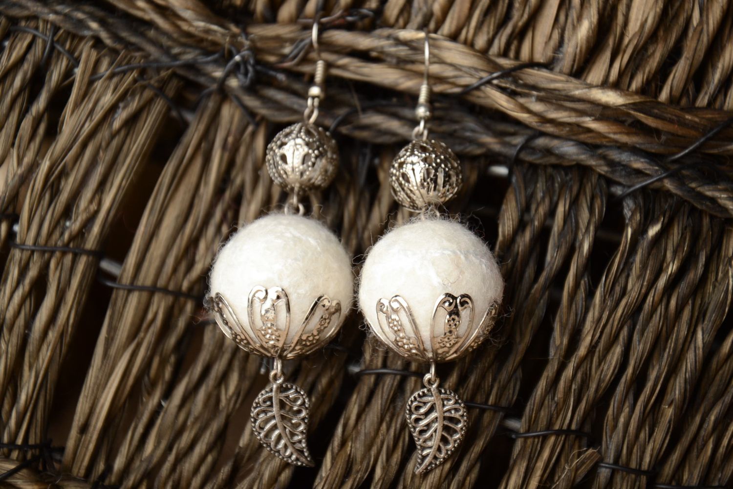 White felted wool earrings photo 1
