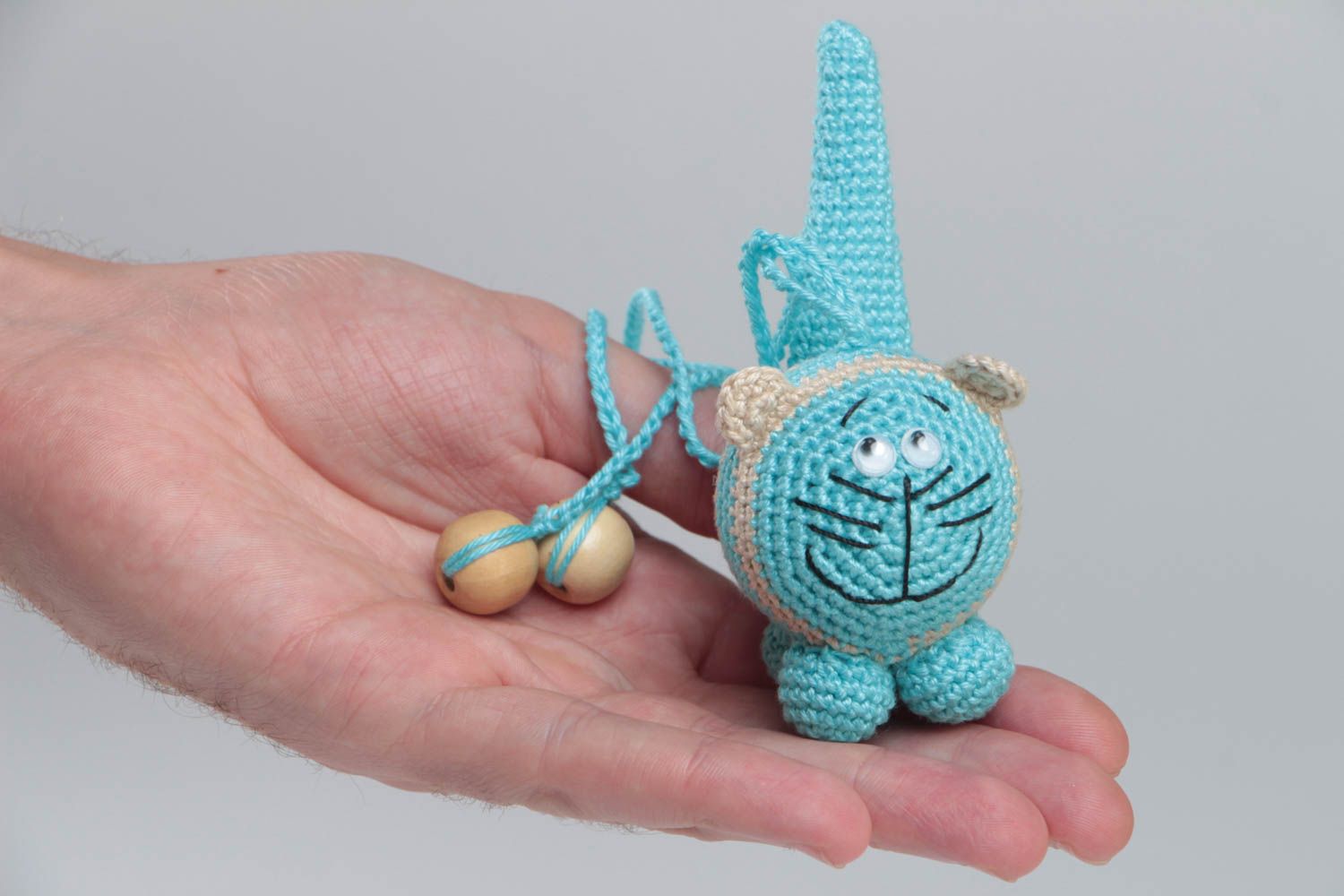 Crocheted cotton rattle small blue cat handmade toy for little children photo 5