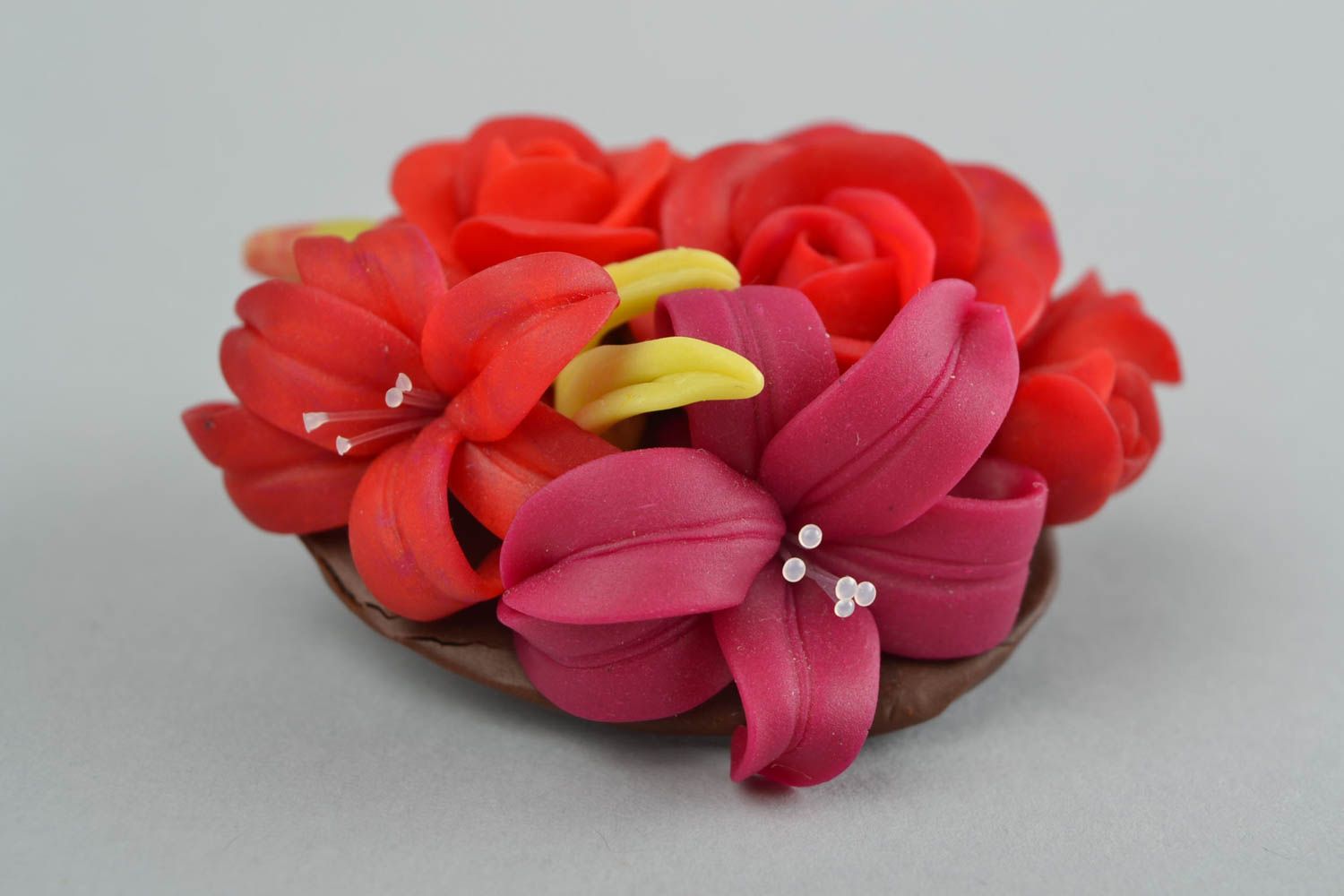 Red handmade brooch made of polymer clay in the form of flowers stylish jewelry photo 3