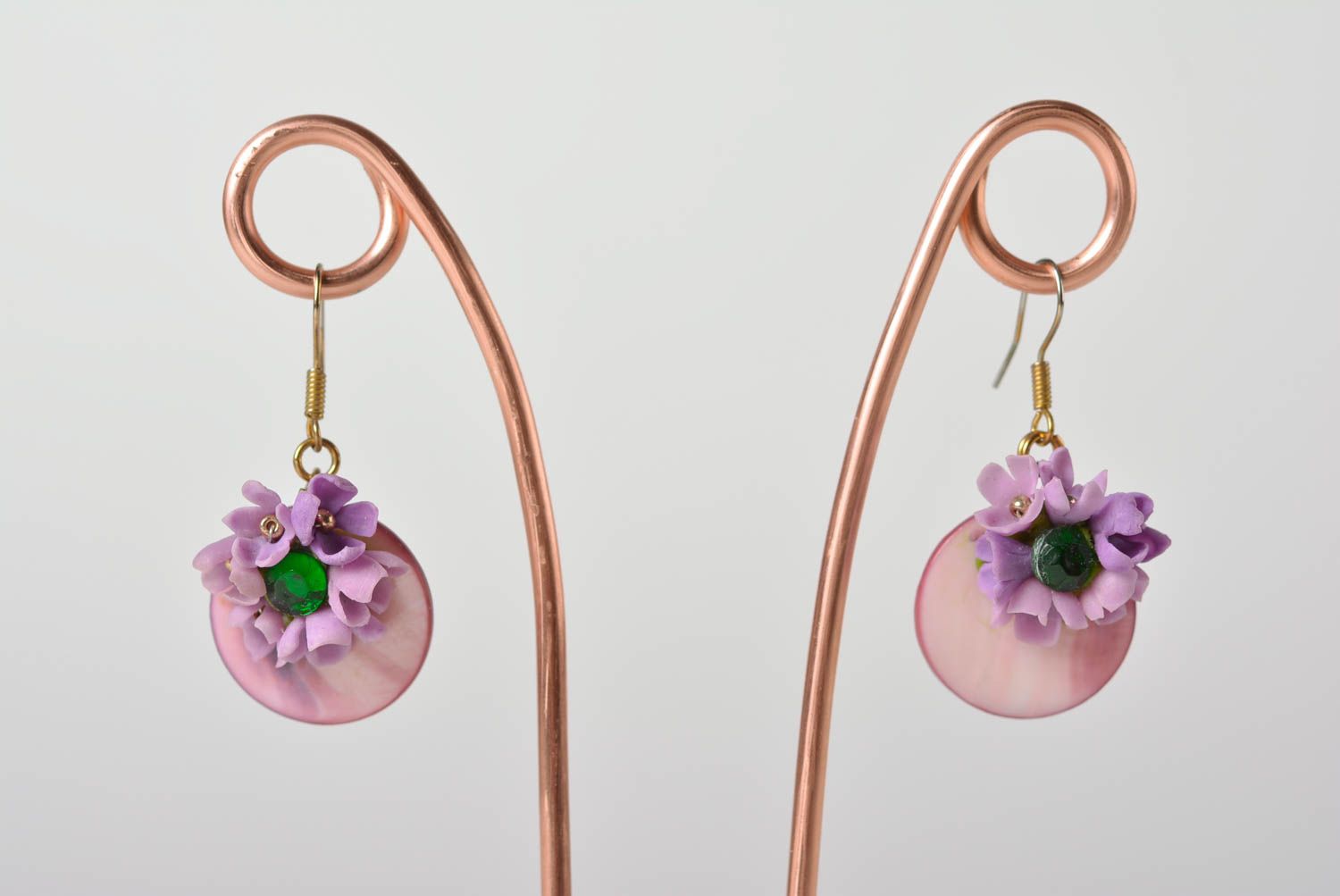 Unusual beautiful lilac handmade designer plastic flower earrings photo 1