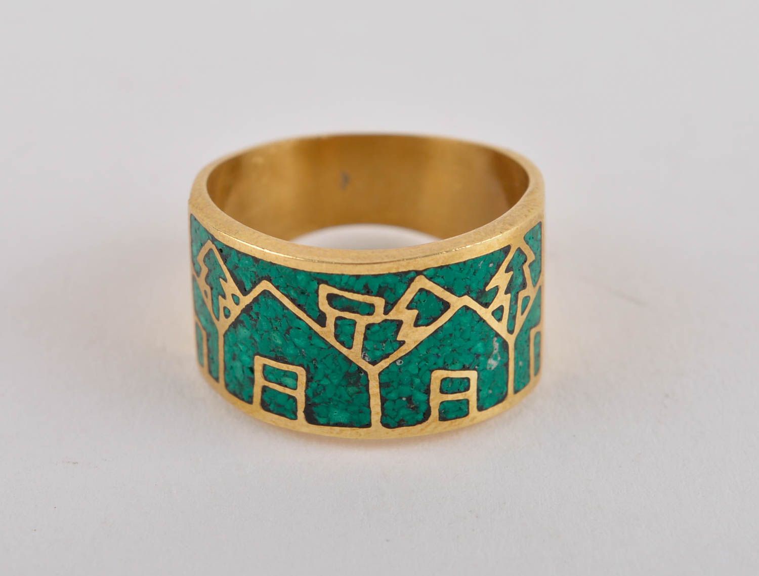 Кольцо ручной работы украшение из латуни модное кольцо зеленое с домиками фото 2